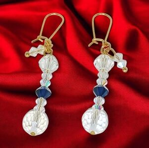 Gold Linear Drop Earrings Blue Stones Glam Luxe Bling Modern Socialite Iced Out